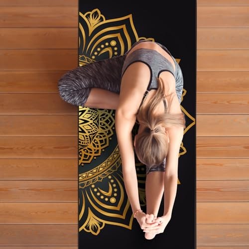 Large Yoga Towel with Corner Pockets, Non Slip Grip 74″ x 26″ Gold Mandala