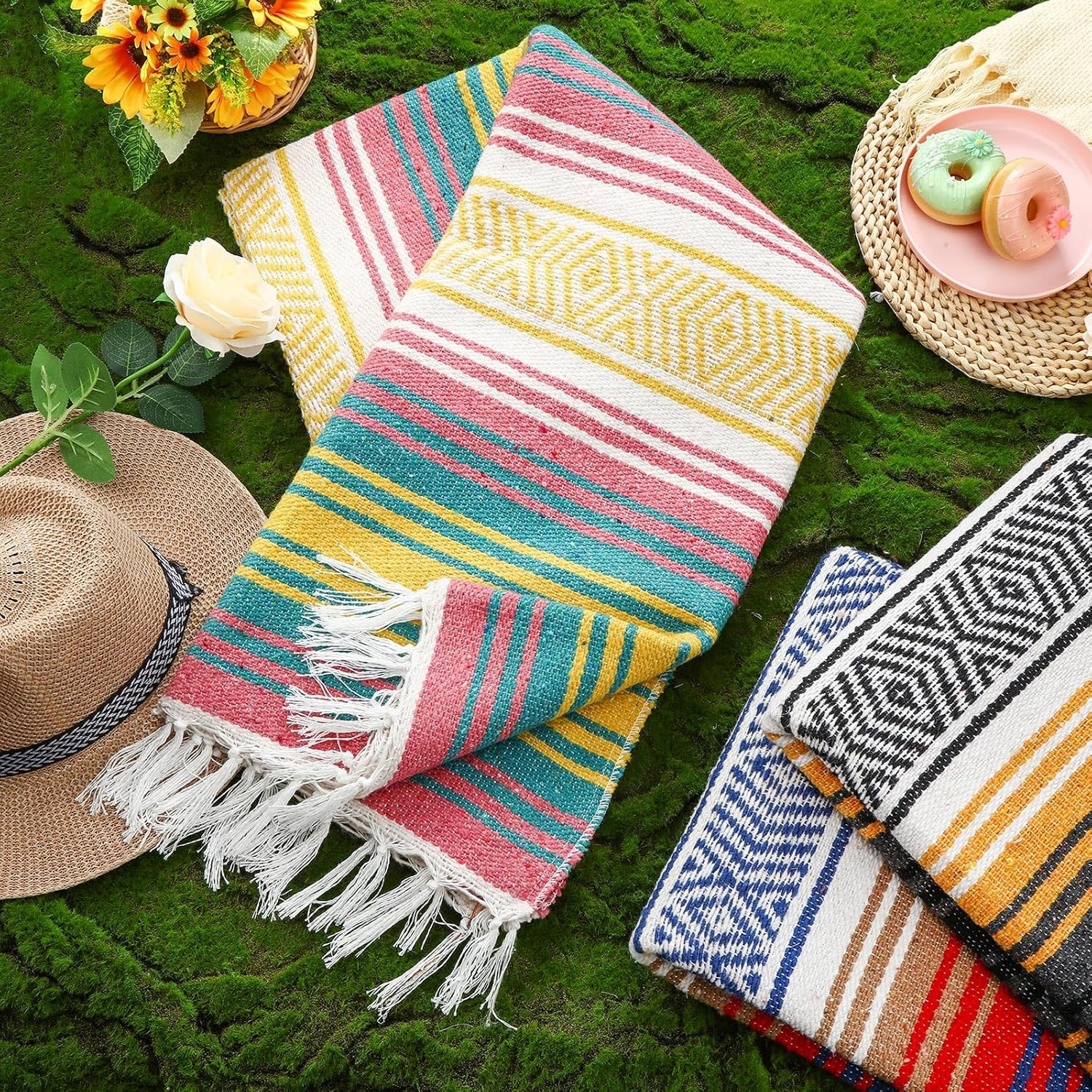 4 Pcs Large Mexican Yoga Blanket Pack 45 X 70 Inch Thick Woven Camping Picnic Be