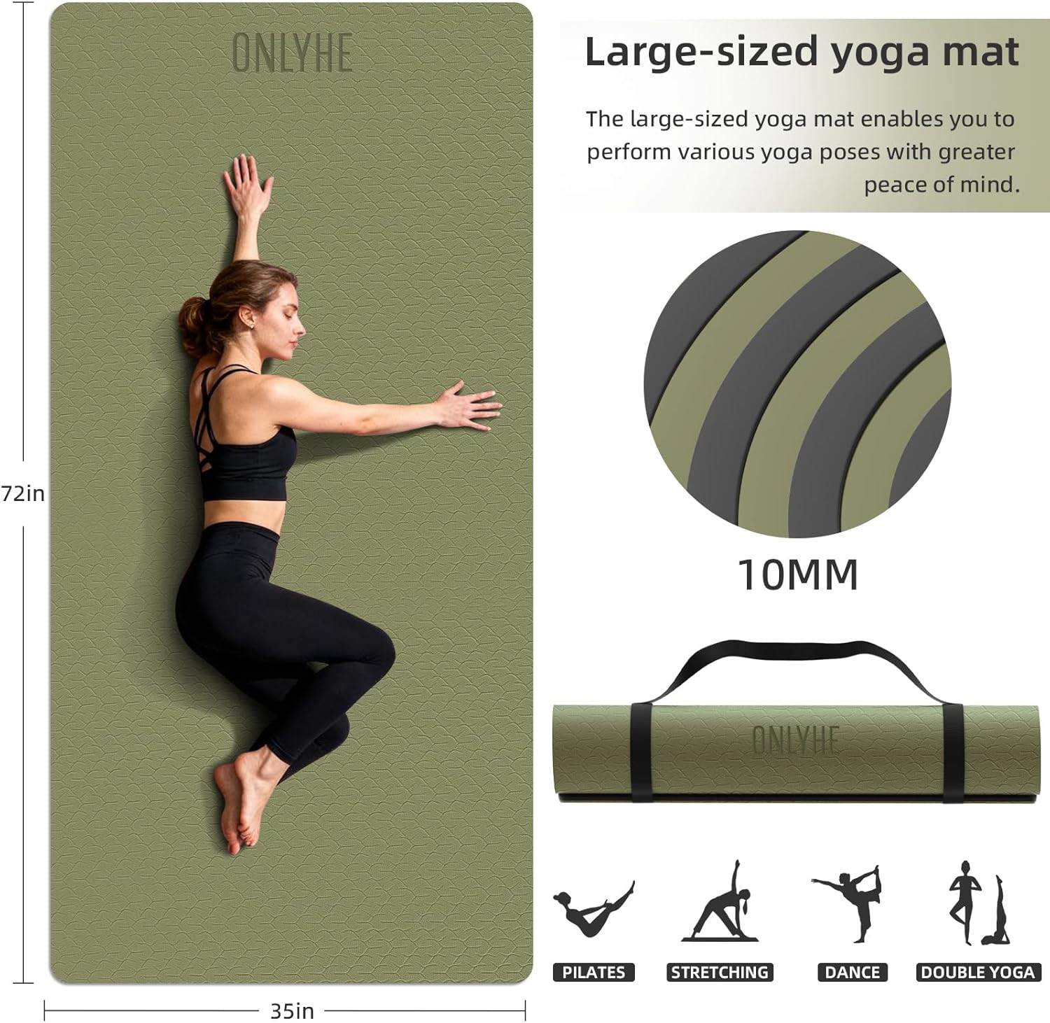 Thick Non-Slip Yoga Mat 10mm – Extra Large 72″x35″ for Home Workouts