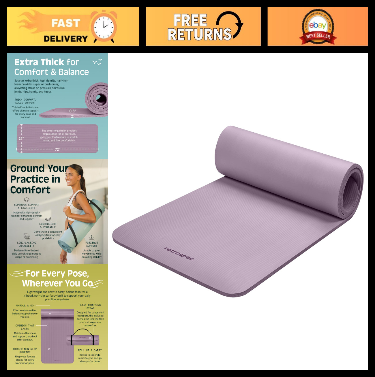 Thick Non-Slip Yoga Mat 1/2″ – 72×24″ Exercise Mat for Pilates & Fitness – BPA F