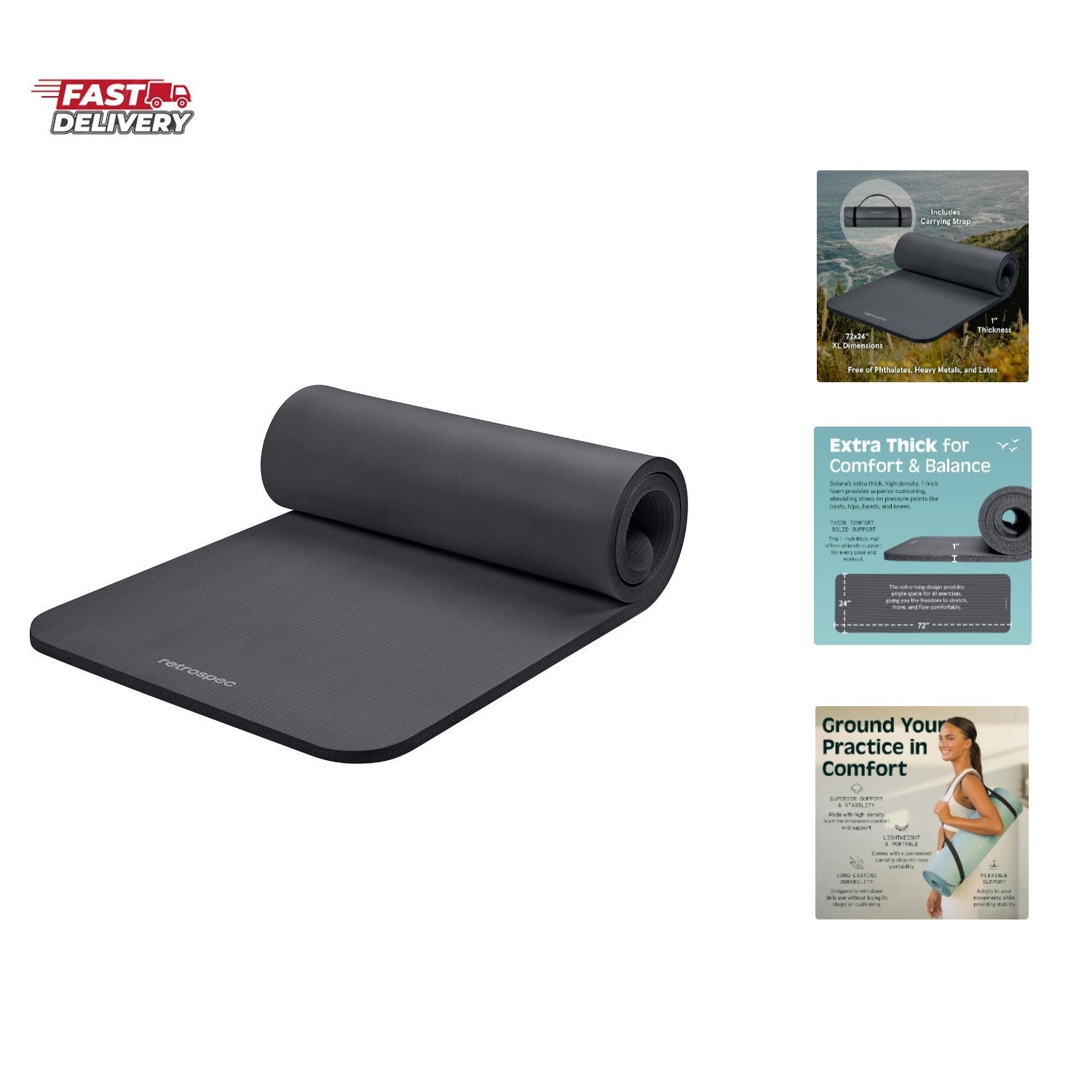 Solana Yoga Mat 1″ Thick w/Nylon Strap for Men & Women – Non Slip Exercise Ma…