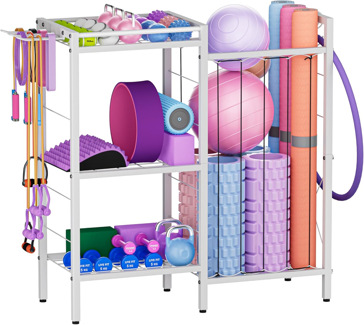 3-Tier Dumbbell & Yoga Mat Storage Rack with Hooks for Home Gym Organization