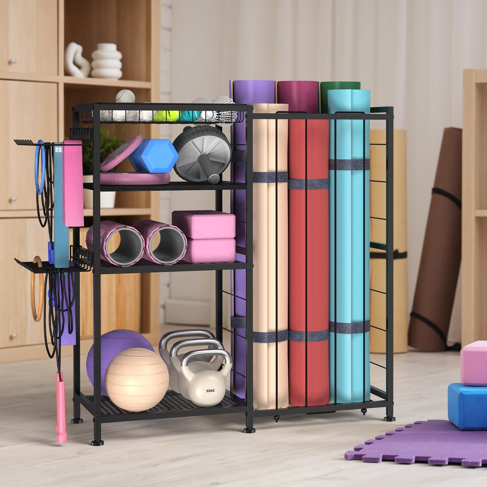 4-Tier Yoga Mat Holder & Home Gym Storage Rack with Hooks & Baskets – Metal Orga