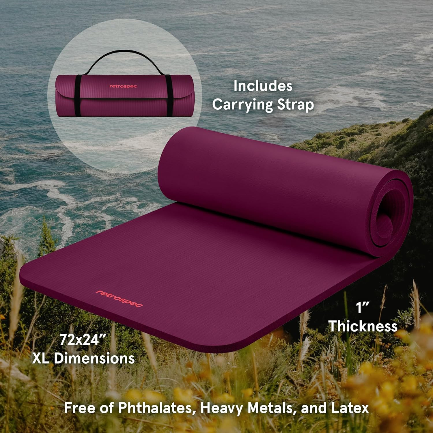 Solana Yoga Mat 1″ Thick W/Nylon Strap for Men & Women – Non Slip Exercise Mat f