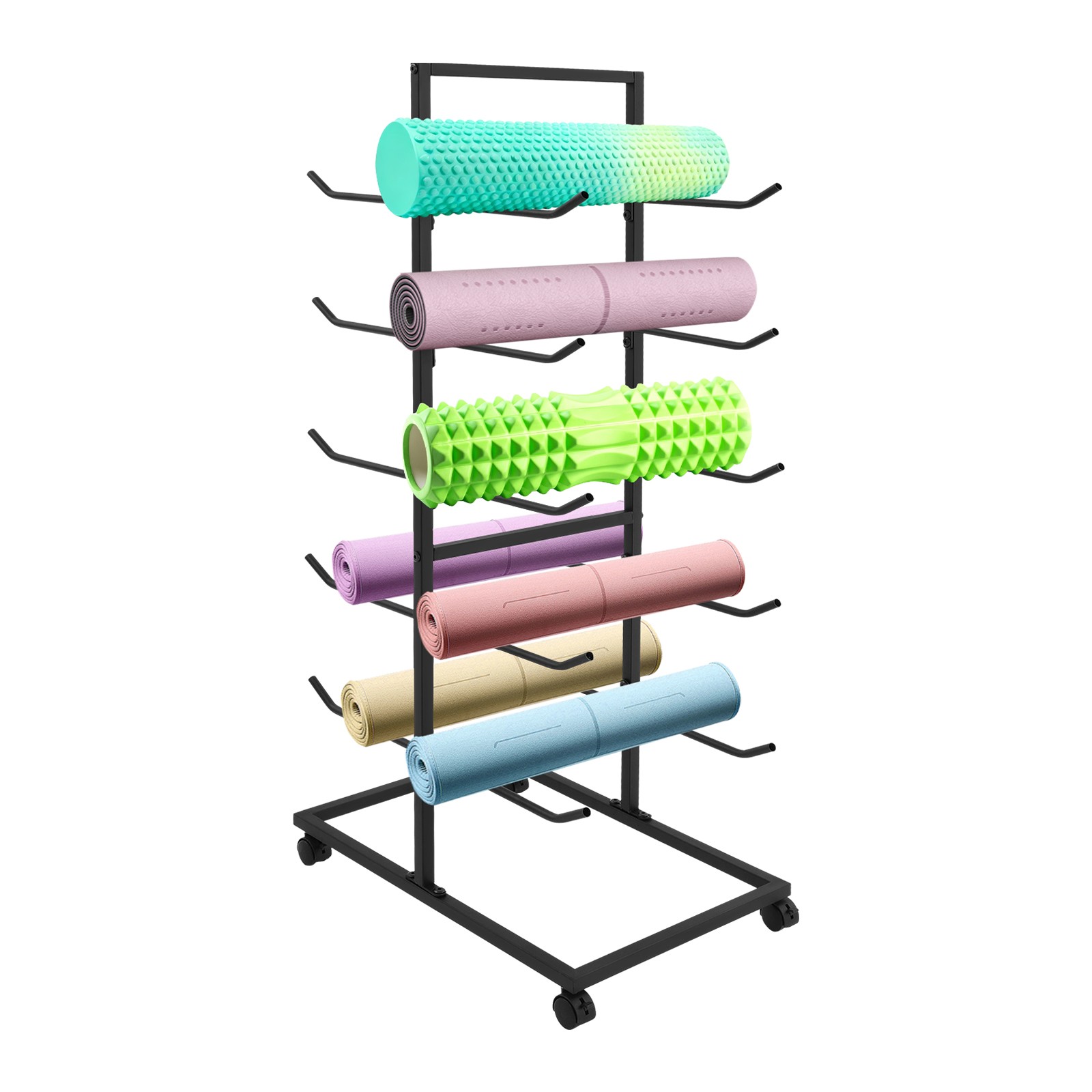 5 Tier Metal Yoga Mat Holder Yoga Mat Storage Rack w/Wheels 60*40*130cm