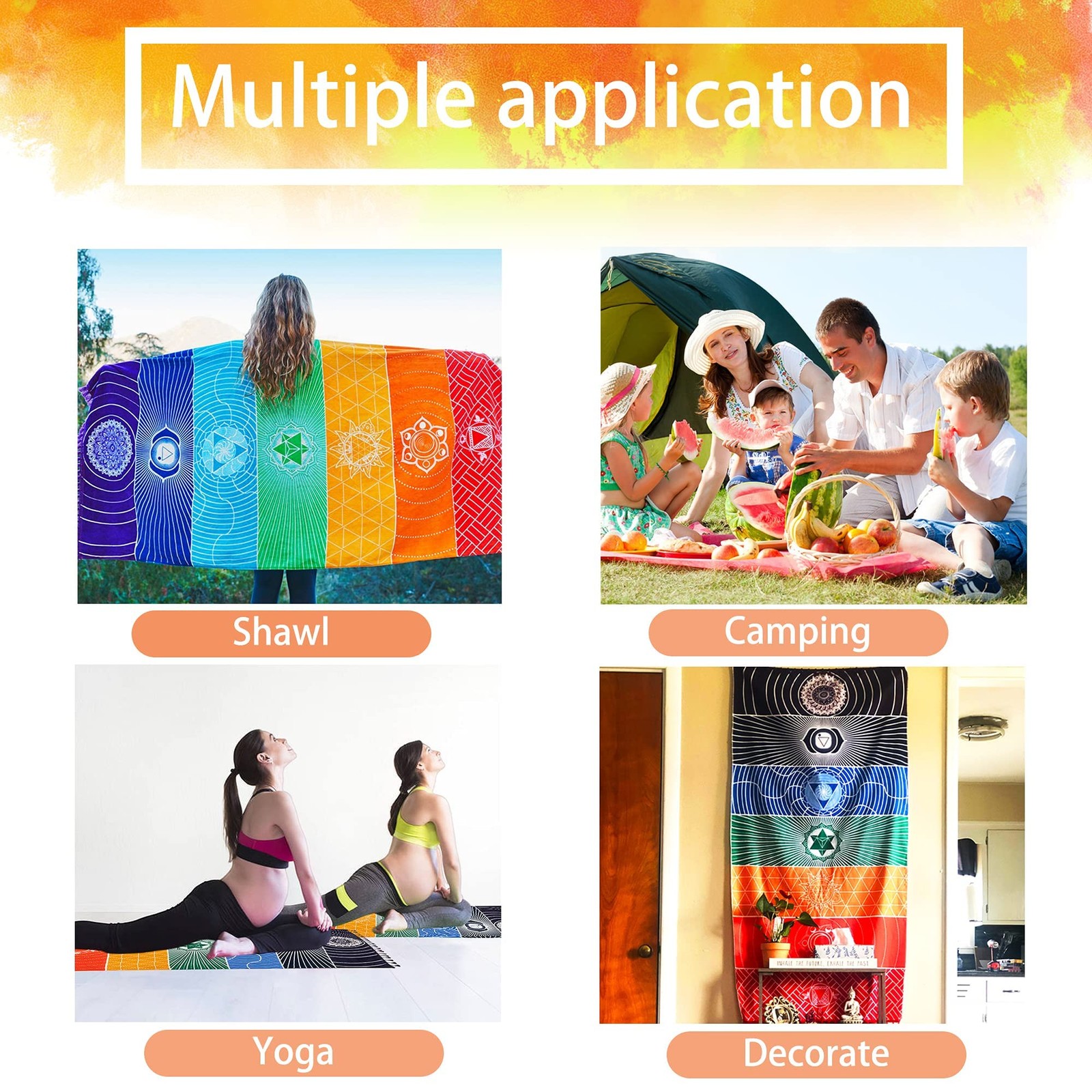 Mexican Yoga Mat Beach Picnic Blanket Chakra 59″ x 30″, 1Pcs Rainbow