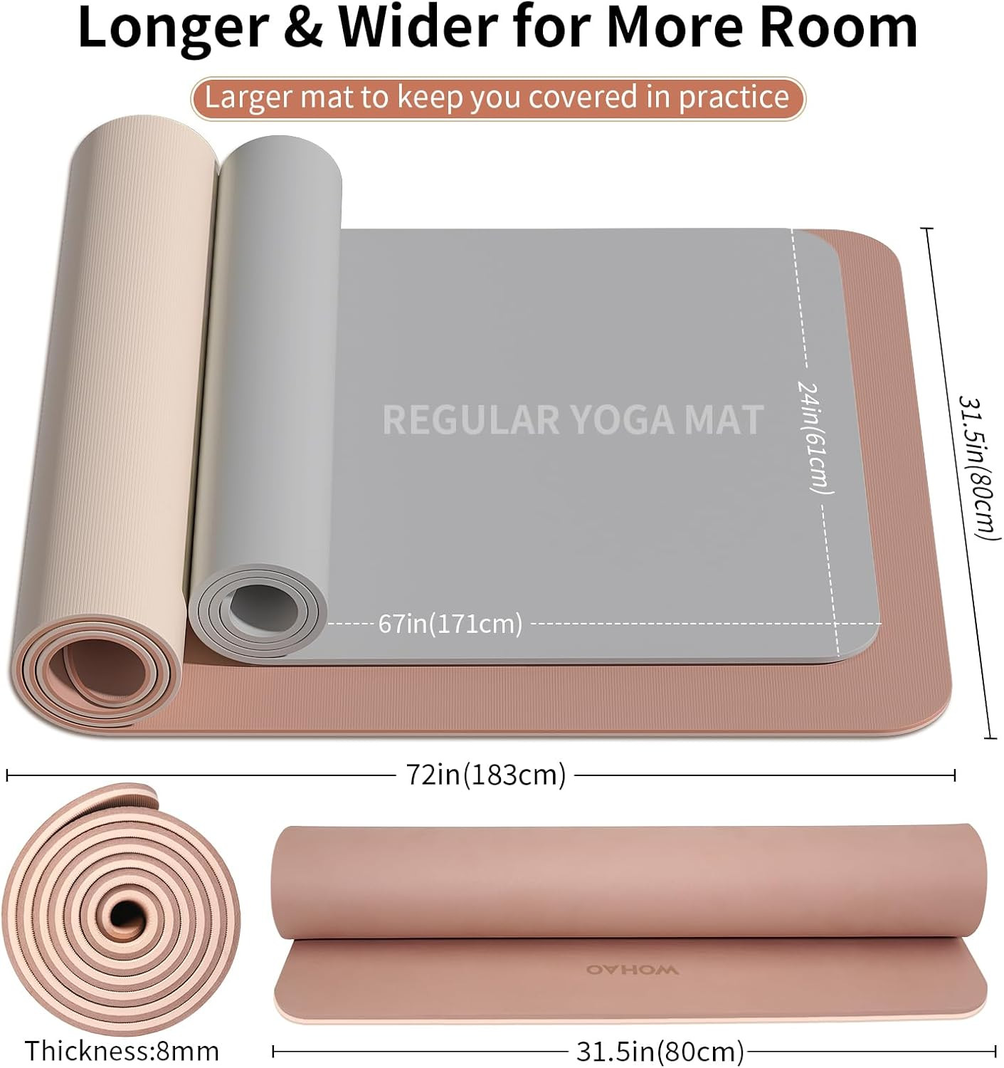 Extra Thick 8Mm Yoga Mat, 72″X28″ Non Slip Exercise Mat, Reversible 2-Sided Dual