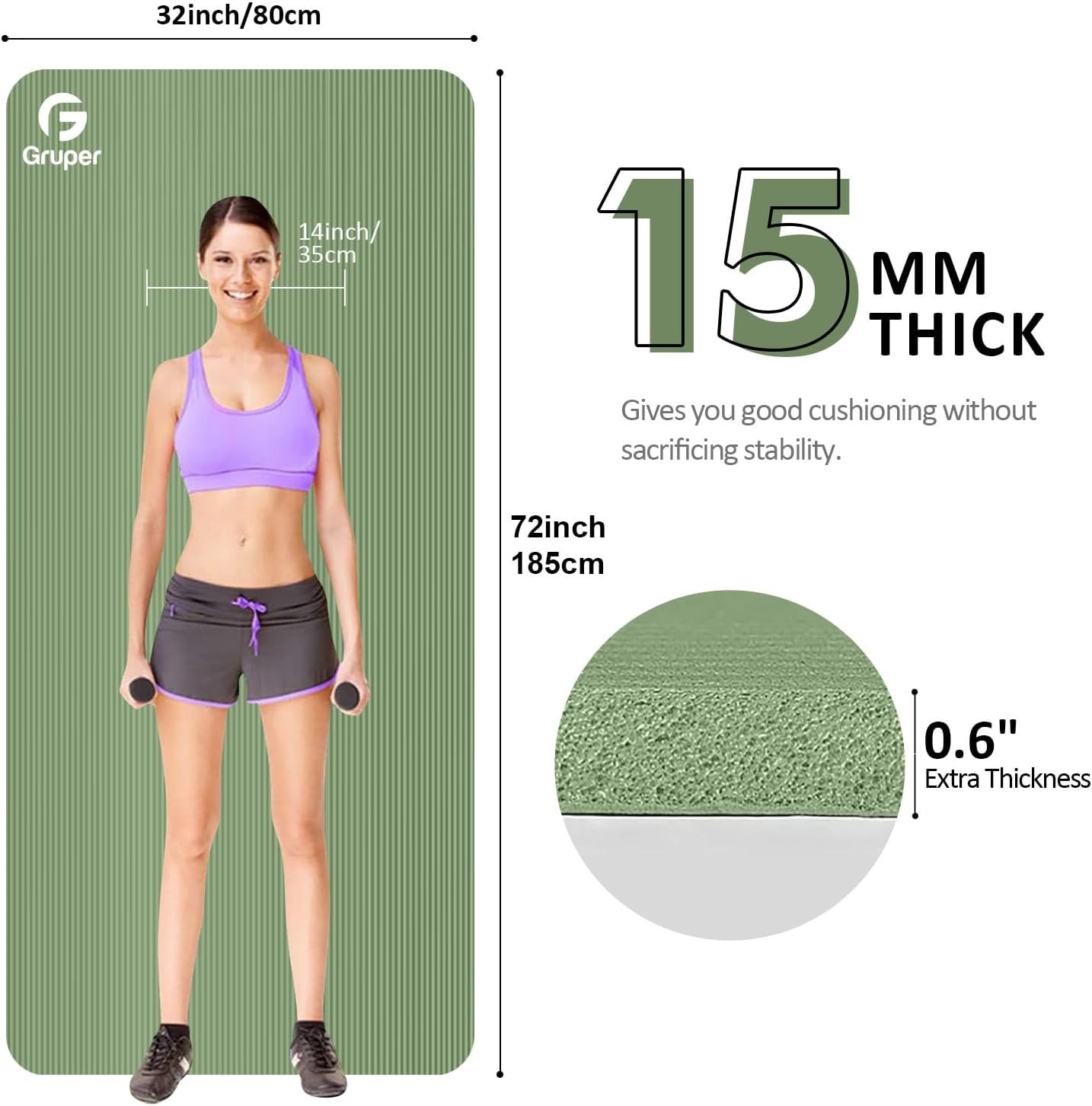Yoga Mat Non Slip NBR Extra Thick Yoga Mat, 72″L X 32″/24″W X 0.6″/0.4″TH (185Cm
