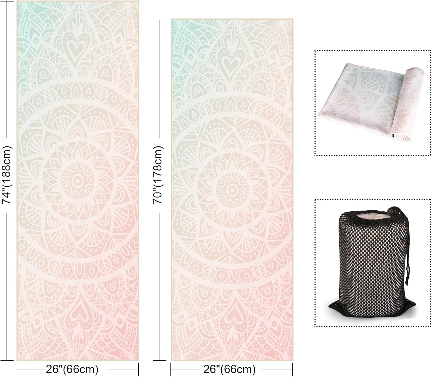 Yoga Towel with Corner Pockets, Non Slip Grip Dots Sweat Absorbent Hot Yoga Mat