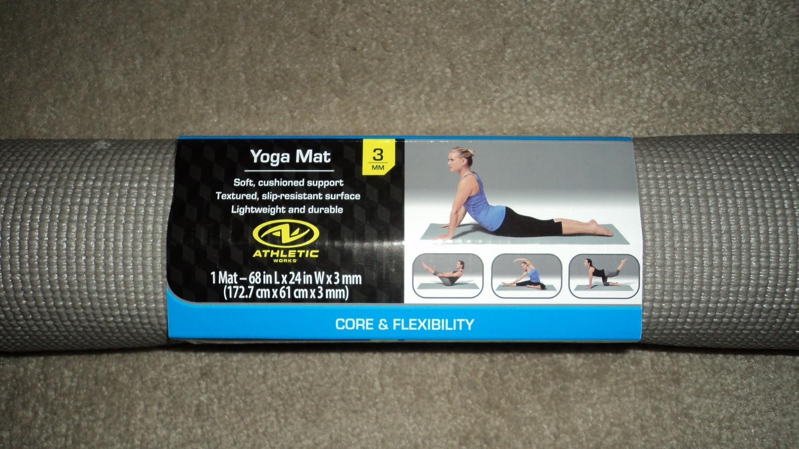 Athletic Works Yoga Mat Steel Gray 68″ x 24″ x 3mm Soft Cushioned Support – New