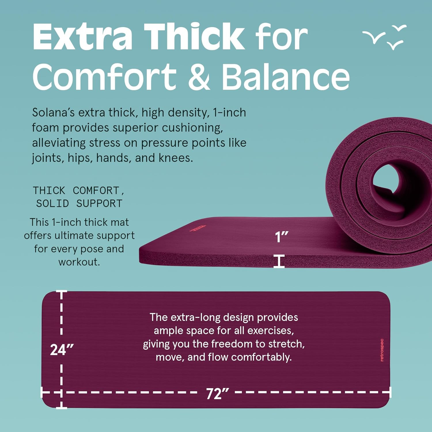 Solana Yoga Mat 1″ Thick W/Nylon Strap for Men & Women – Non Slip Exercise Mat f
