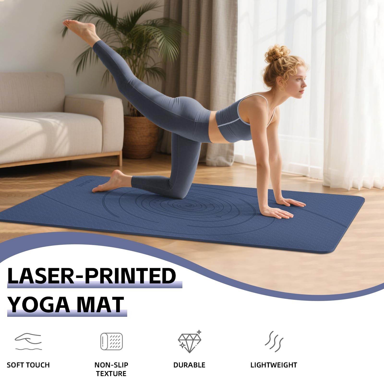 Large Yoga Mat Thick, 76″x32″x0.31″Wide POE 76″ x 32″ x 0.31″, Navy Blue