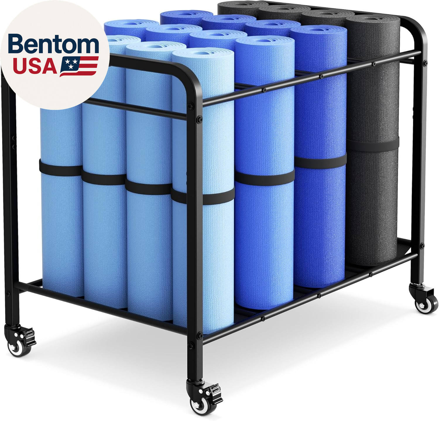 Black Yoga Mat Storage Rack Basket with Wheels, Floor-Standing Metal Yoga Mat Ca