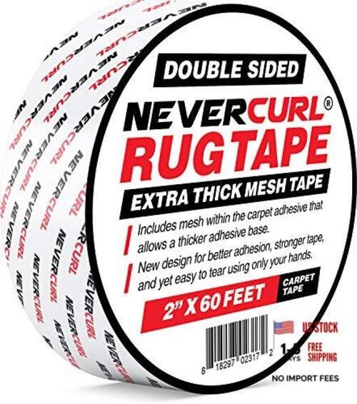 NeverCurl Double Sided Extra Thick Rug Tape with Mesh Fabric – 2″ by 60 Feet