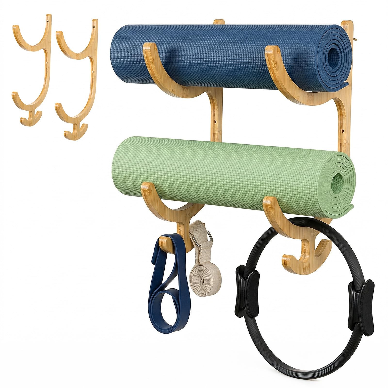 Wooden Yoga Mat Storage Rack Wall Mount, Yoga Mat Holder Hanging Hooks for Ho…