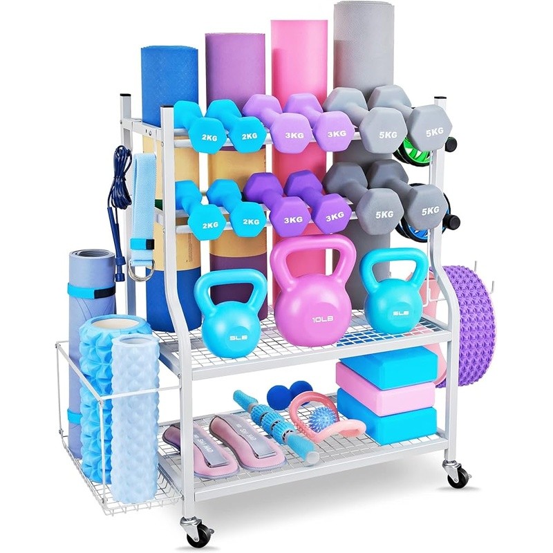 All in One Home Gym Storage Rack Yoga Dumbbells Kettlebells Organizer Fitness US