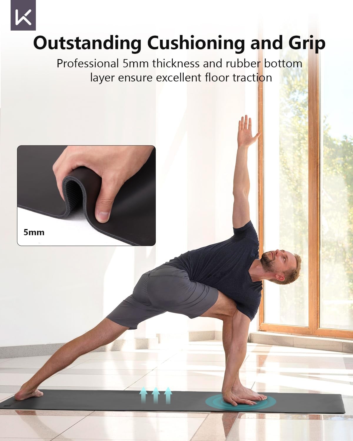 Yoga Mat Non Slip – PU & Natural Professional Exercise Mat for Men – 5mm Thic…