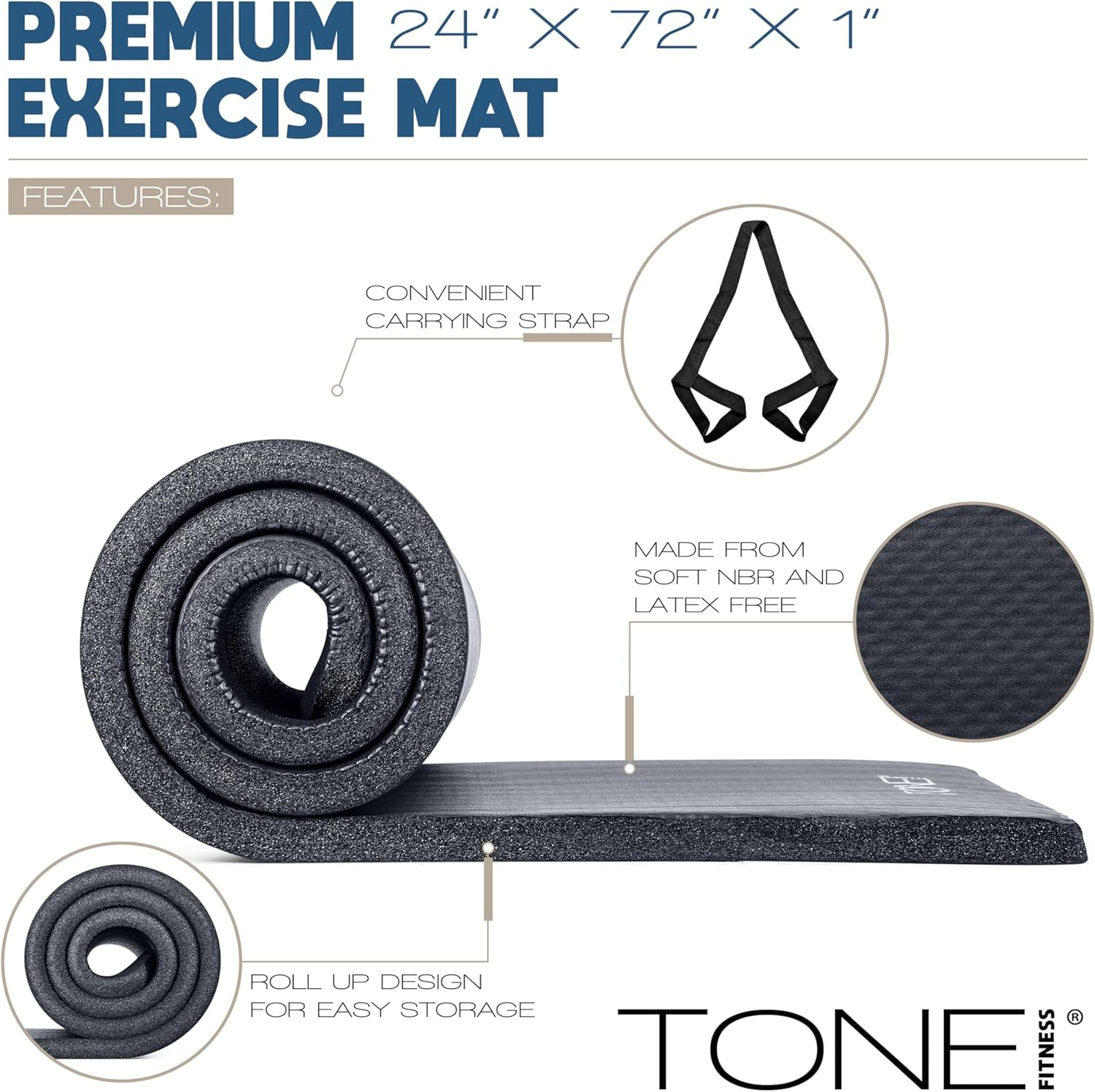 1-Inch Thick Yoga Mat | High-Density, Non-Slip Exercise Mat with Carrying Strap
