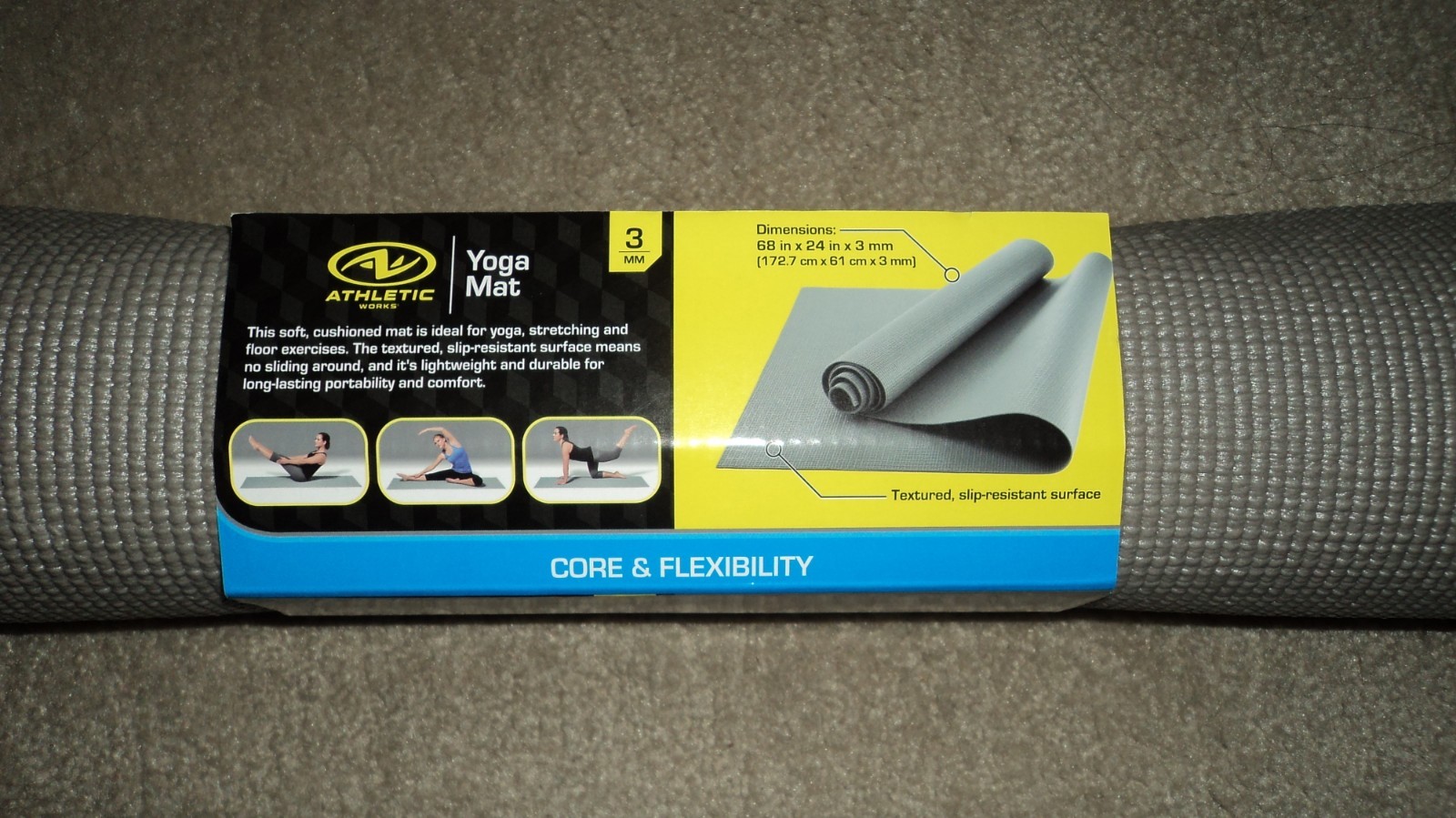 Athletic Works Yoga Mat Steel Gray 68″ x 24″ x 3mm Soft Cushioned Support – New