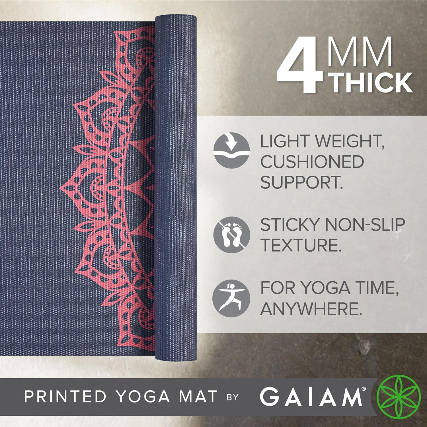 Gaiam Print Yoga Mat, Non Slip Exercise & Fitness Mat for All Types of Yoga, Pil