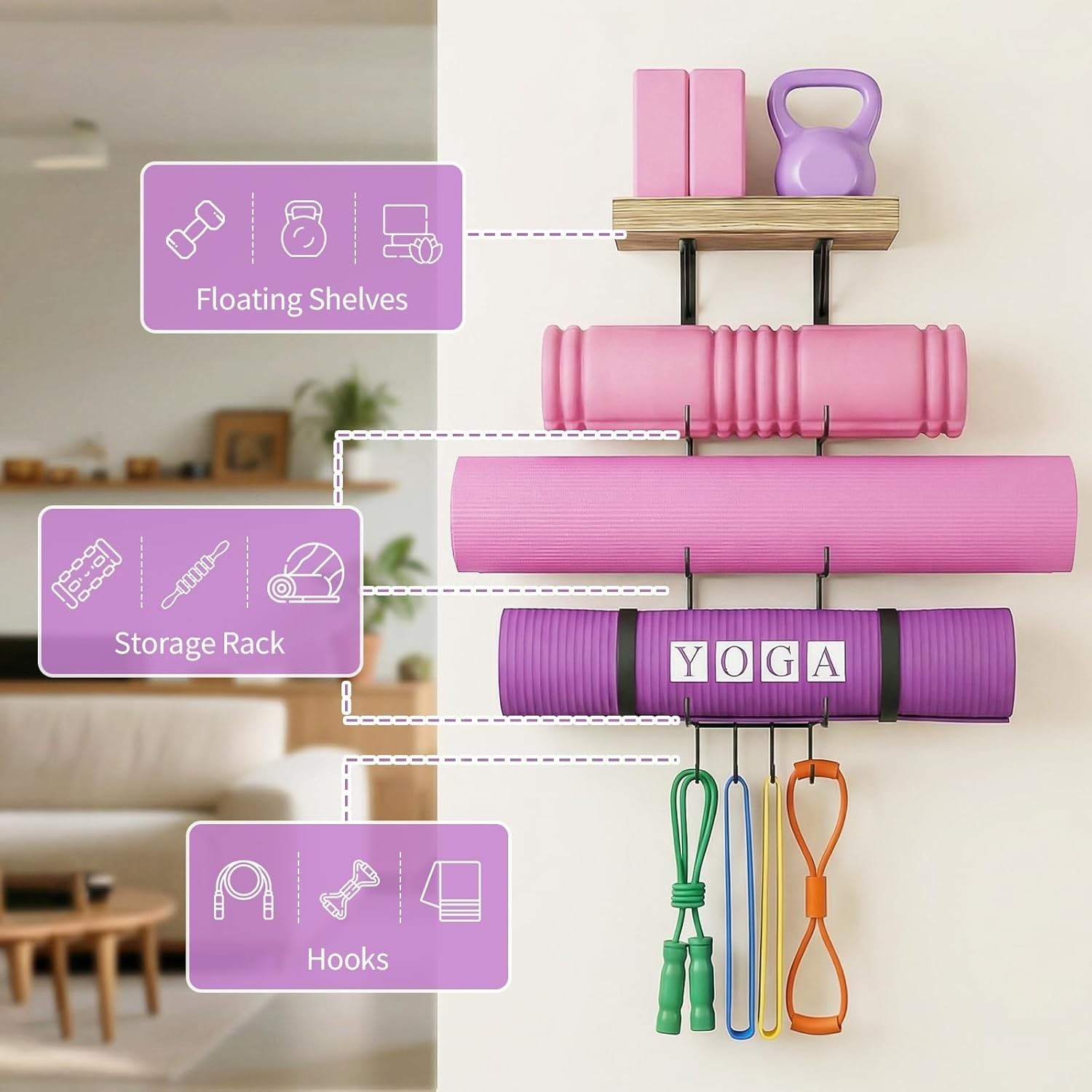 Wall Mount Yoga Mat Storage & Home Gym Organizer