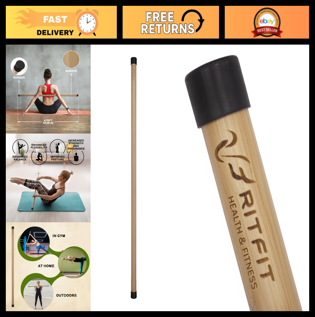 5ft Natural Bamboo Yoga Stick – Versatile Exercise & Stretching Tool for Flexibi