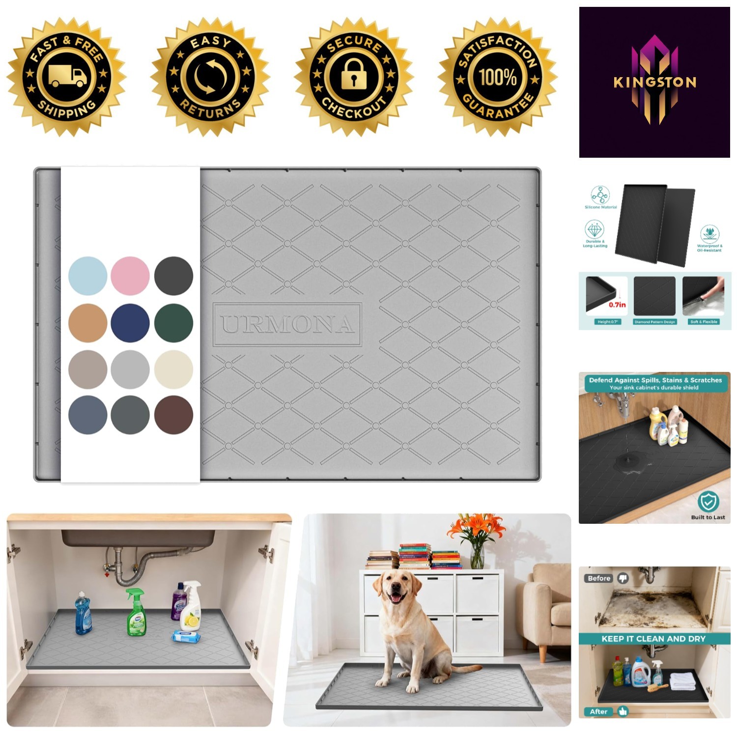34″ x 22″ Waterproof Silicone Under Sink Mat for Kitchen & Bathroom, Light Grey