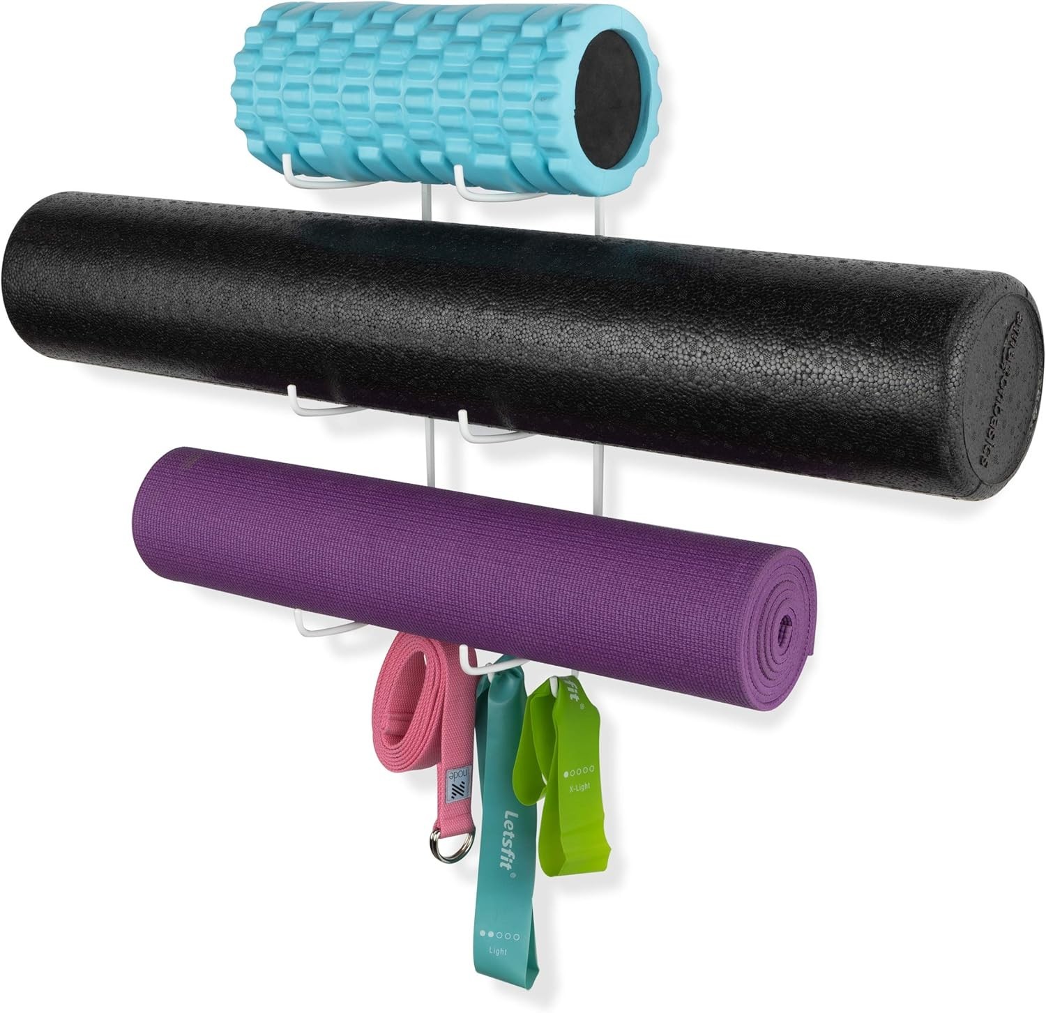 Guru Wall Mount Yoga Mat Holder with 3 Hooks, Metal, White, 19″H