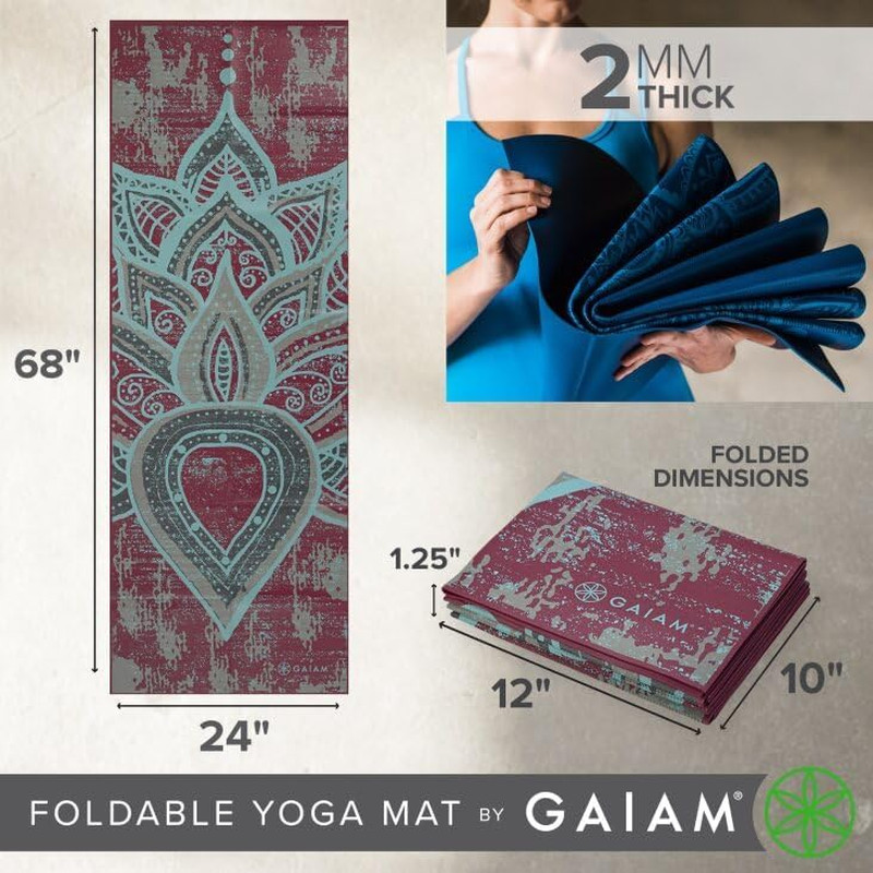 Gaiam Yoga Mat – Folding Travel Fitness & Exercise Mat – Foldable Yoga Mat for A