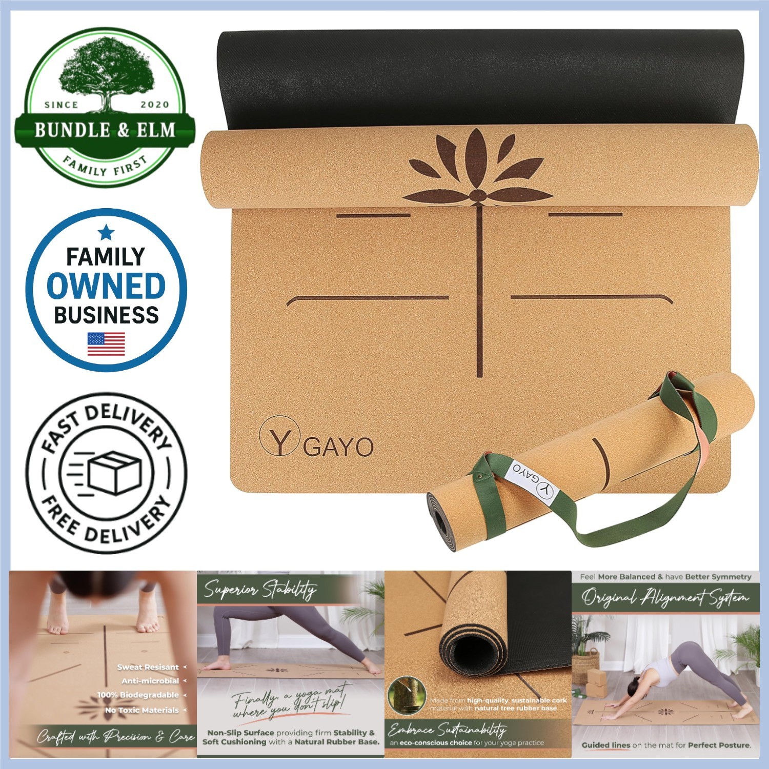 Yoga Cork Mat 5mm Eco-Friendly Non-Slip Alignment Support Travel Exercise