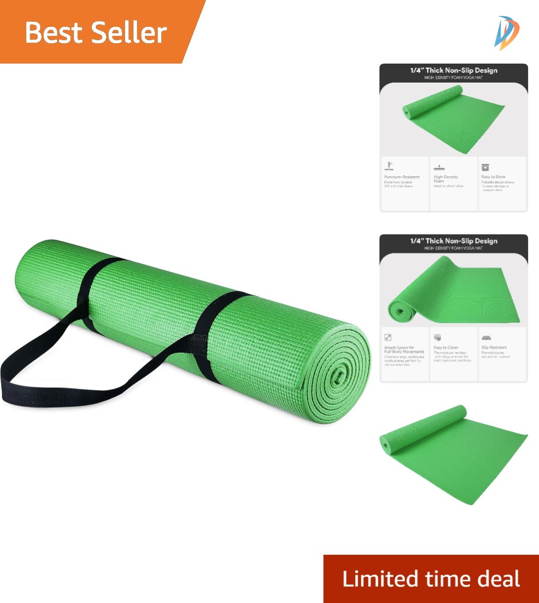 Lightweight High Density 1/4-Inch Yoga Mat with Carrying Strap – Multiple Colors