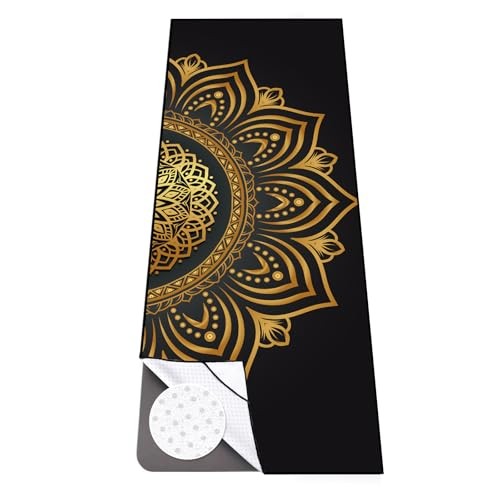 Large Yoga Towel with Corner Pockets, Non Slip Grip 74″ x 26″ Gold Mandala