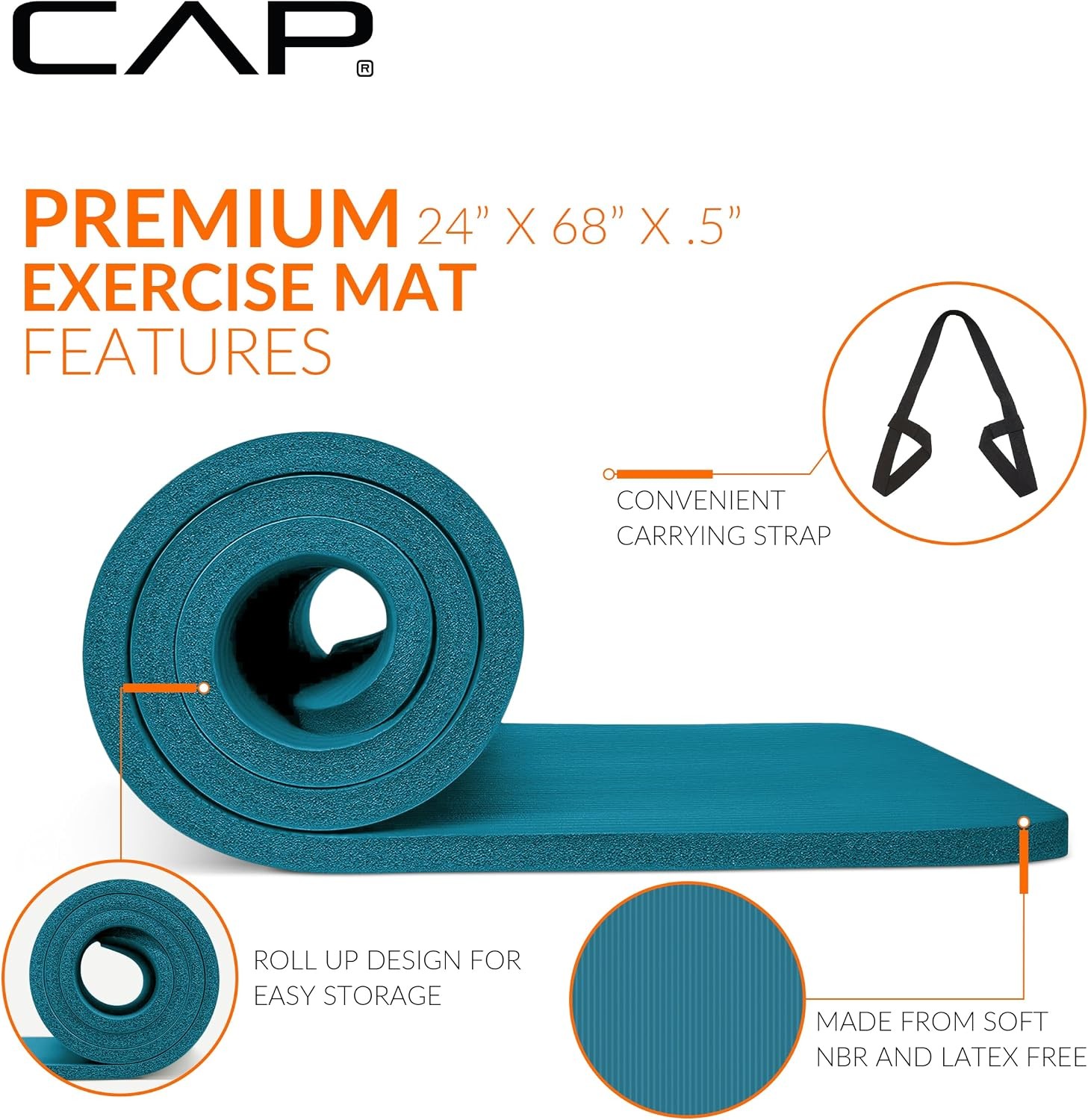 CAP Barbell 1/2-Inch High Density Exercise Yoga Mat with Strap | Multiple Option