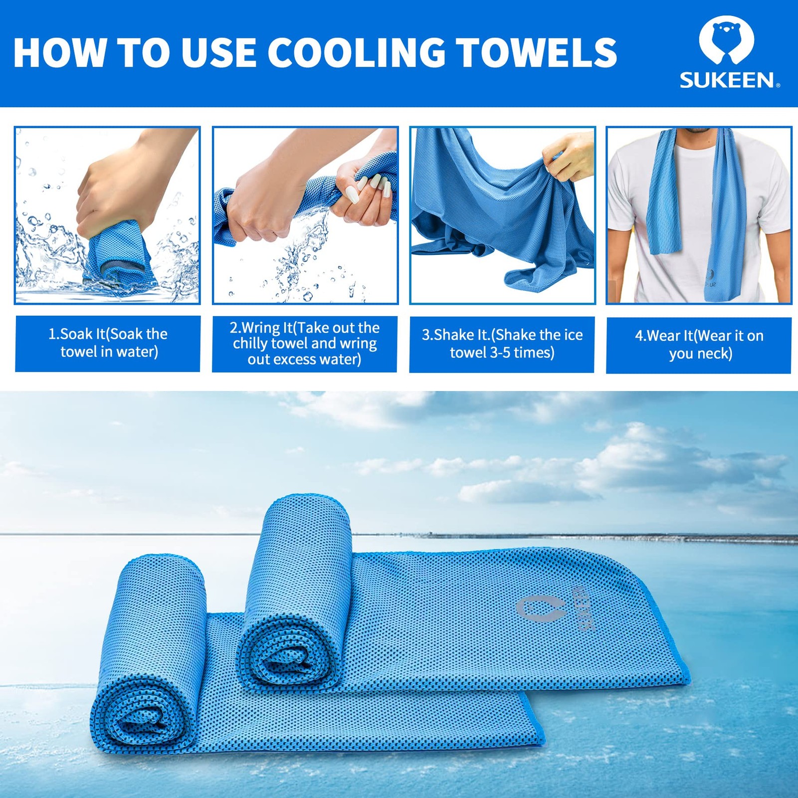 Sukeen Cooling Towel 40″ x 12″, Blue/Purple/Dark Blue/Pink/Green/Grey