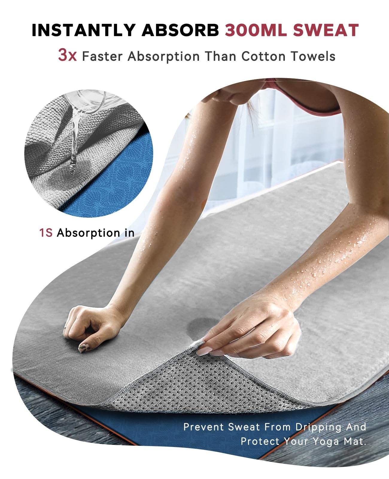 HAPBEAR Hot Yoga Towel with Non-Slip Grip Dots, 72 inches x 24 inches, Grey