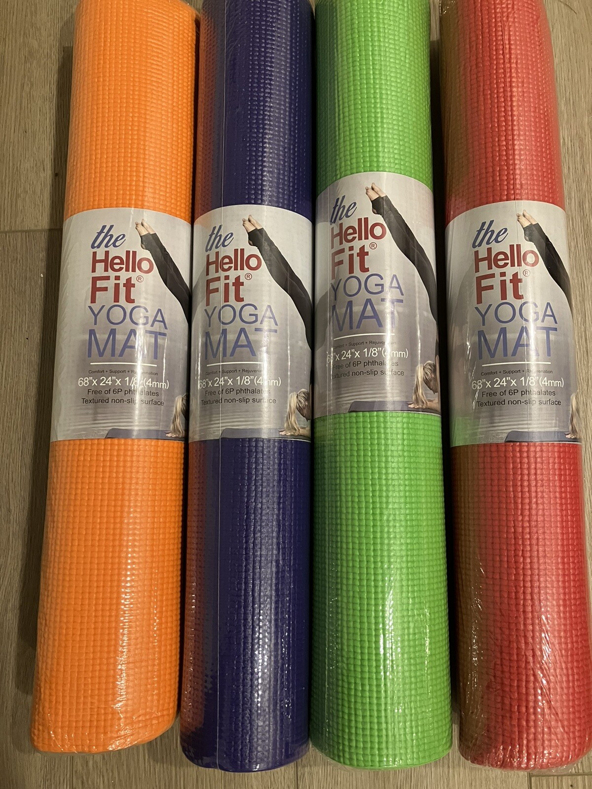 Four (4) BRAND NEW The Hello Fit Non-slip Yoga Mats 68″x 24″ Assorted Colors