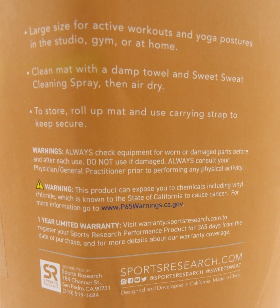 Sports Research Sweet Sweat Non-Slip Yoga Mat – 6×2′ – Tan – Open Package