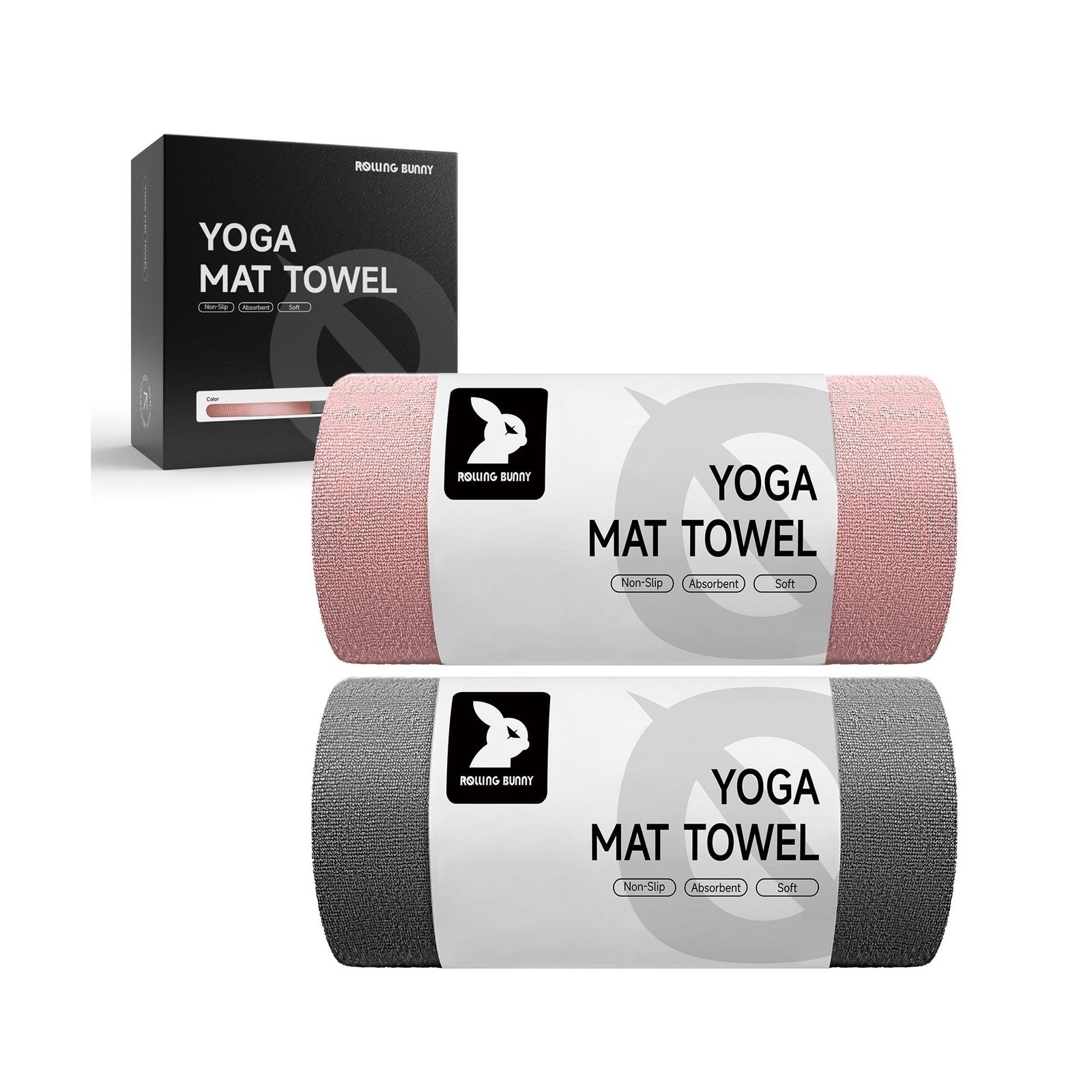 Yoga Mat Towel – Non-Slip Microfiber for Yoga, 72×25, Lightwt, Pink+Gray
