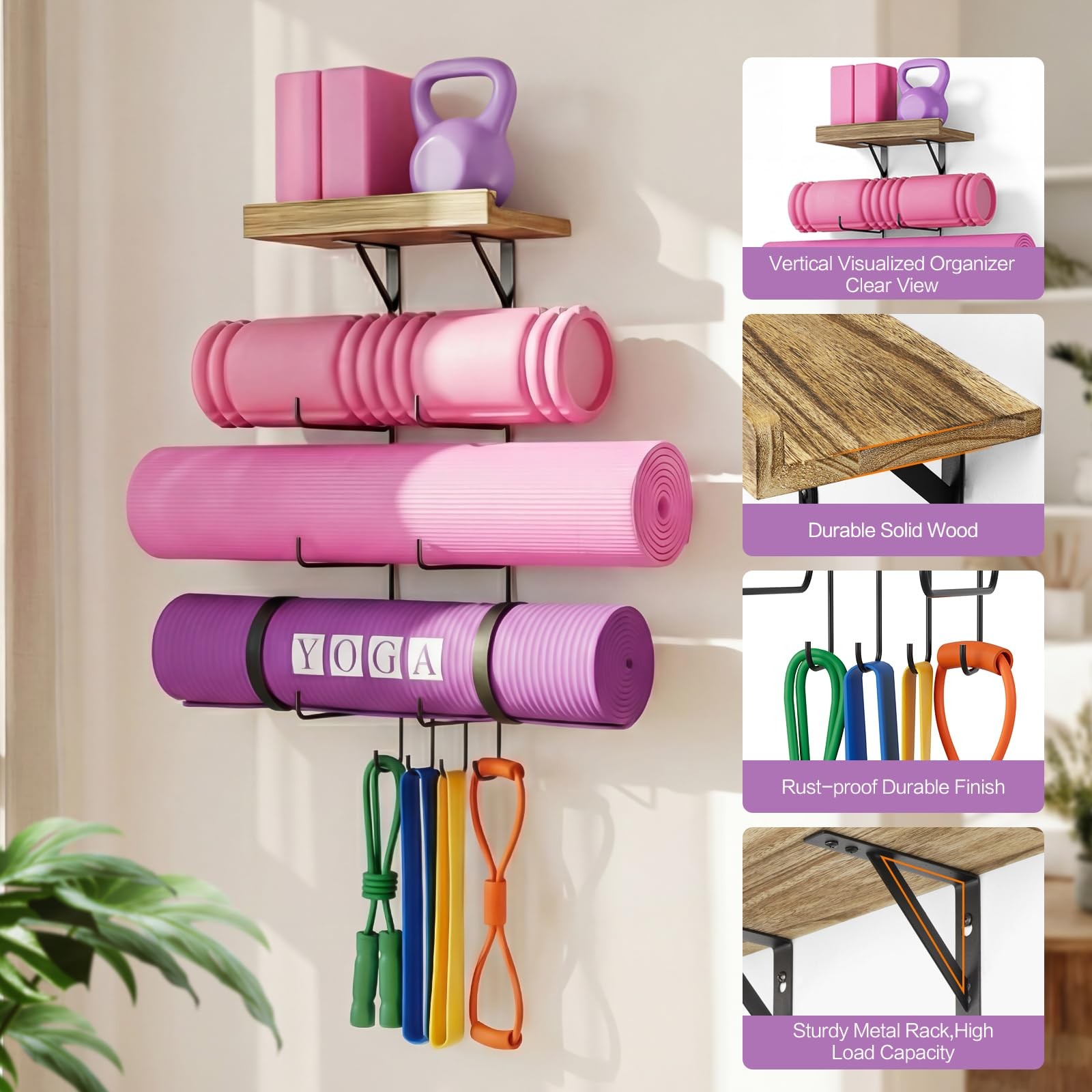 Yoga Mat Holder Wall Mount Yoga Mat Storage Home Gym Accessories with Wood Fl…