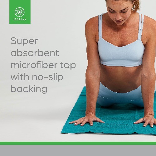 Gaiam No-Slip Yoga/Pilates Mat Towel, Teal and Grey