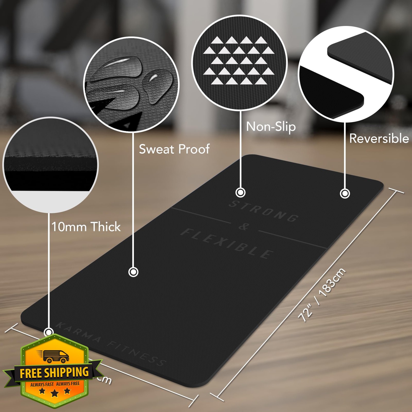 Large Exercise Mat – Extra Thick 10mm Workout Mat (72″x32″) – Non-Slip TPE Yo…