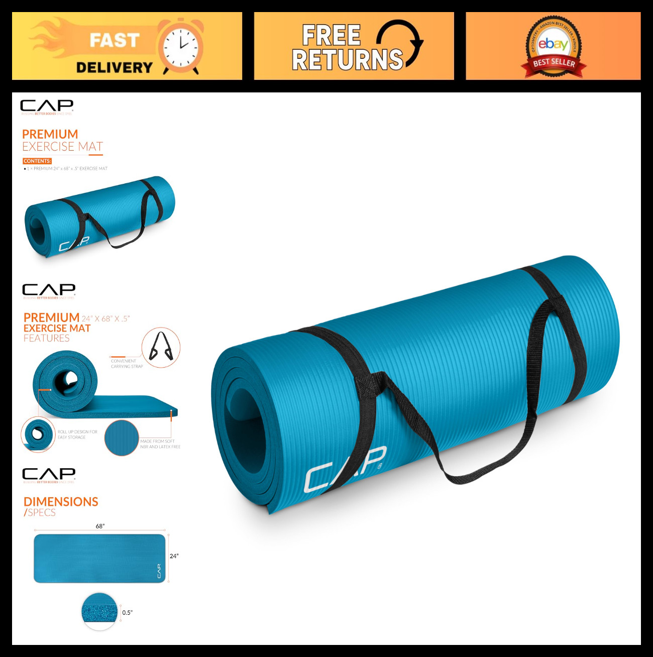 High Density 1/2-Inch Exercise Yoga Mat with Strap | Non-Slip, Multiple Colors