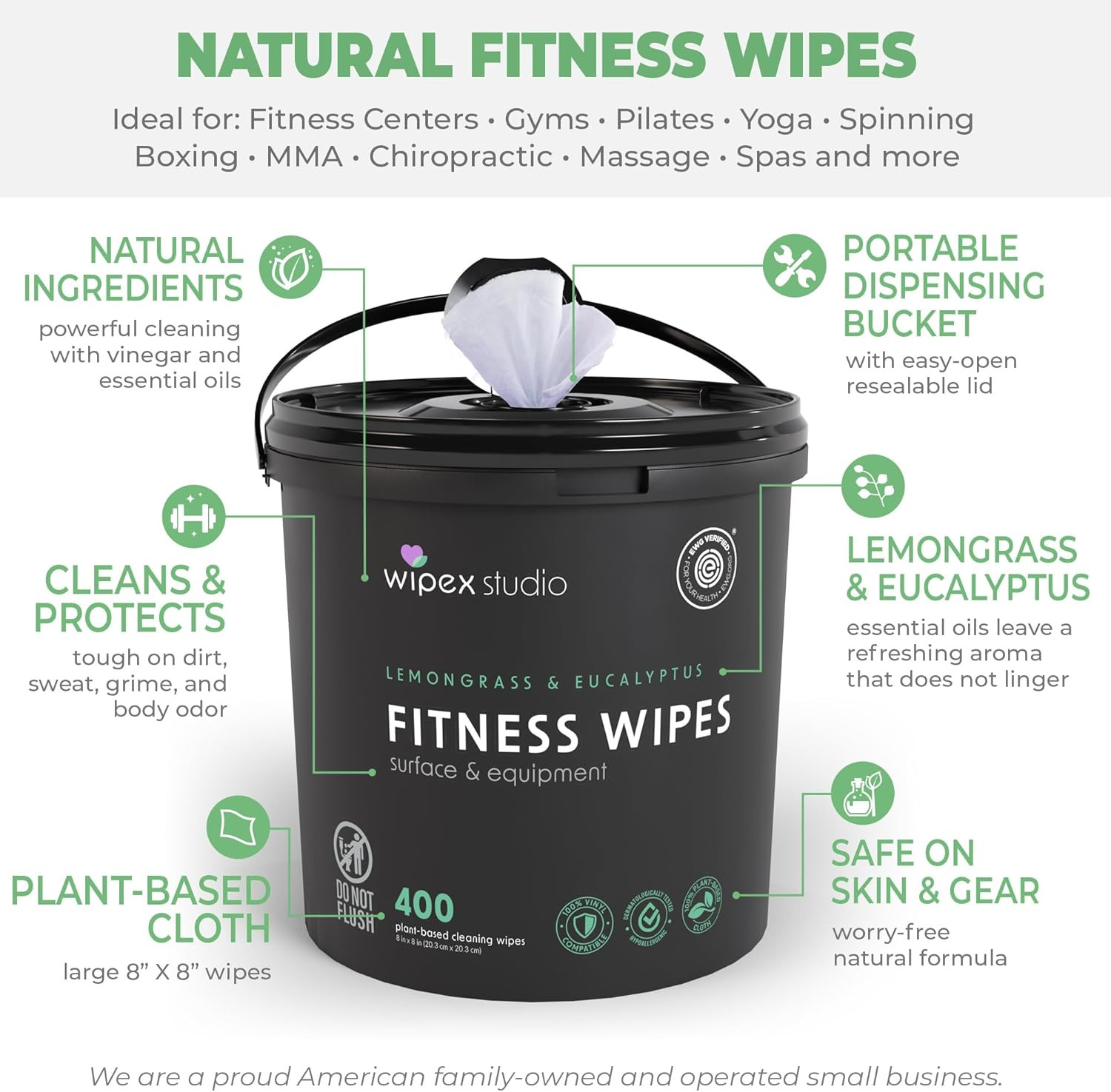 Yoga Mat Cleaner Wipes, EWG Verified, 400 Ct Plant-Based Lemongrass, Eucalyptus