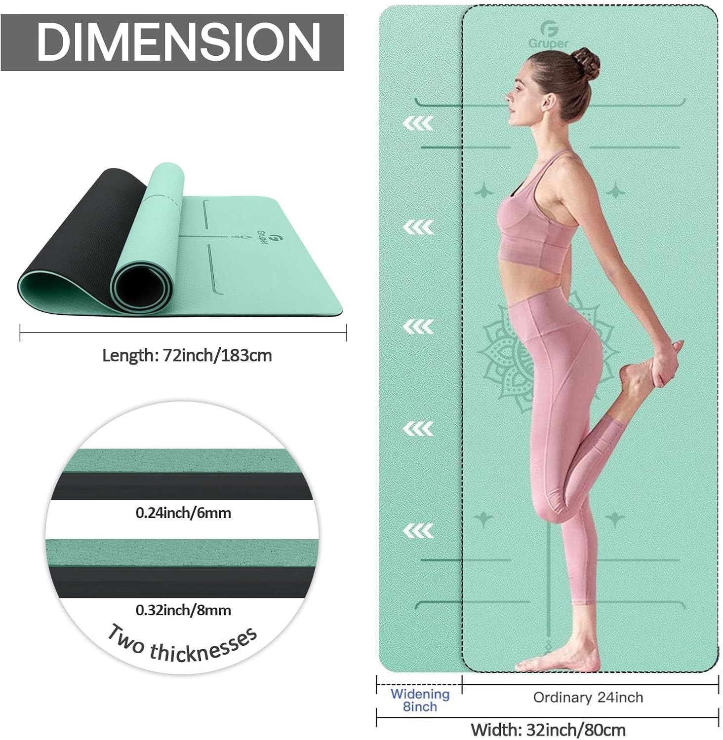 Yoga Mat Non Slip TPE Extra Wide Yoga Mat with Alignment Mark, 72″L X 32″W X 0.3