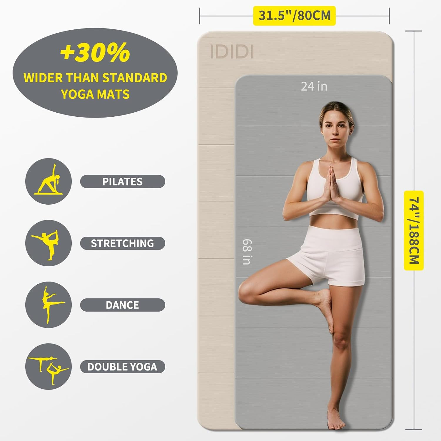 Foldable Extra Large Yoga Mat 74″×31.5″, 8Mm Double-Sided Non Slip Lightweight F