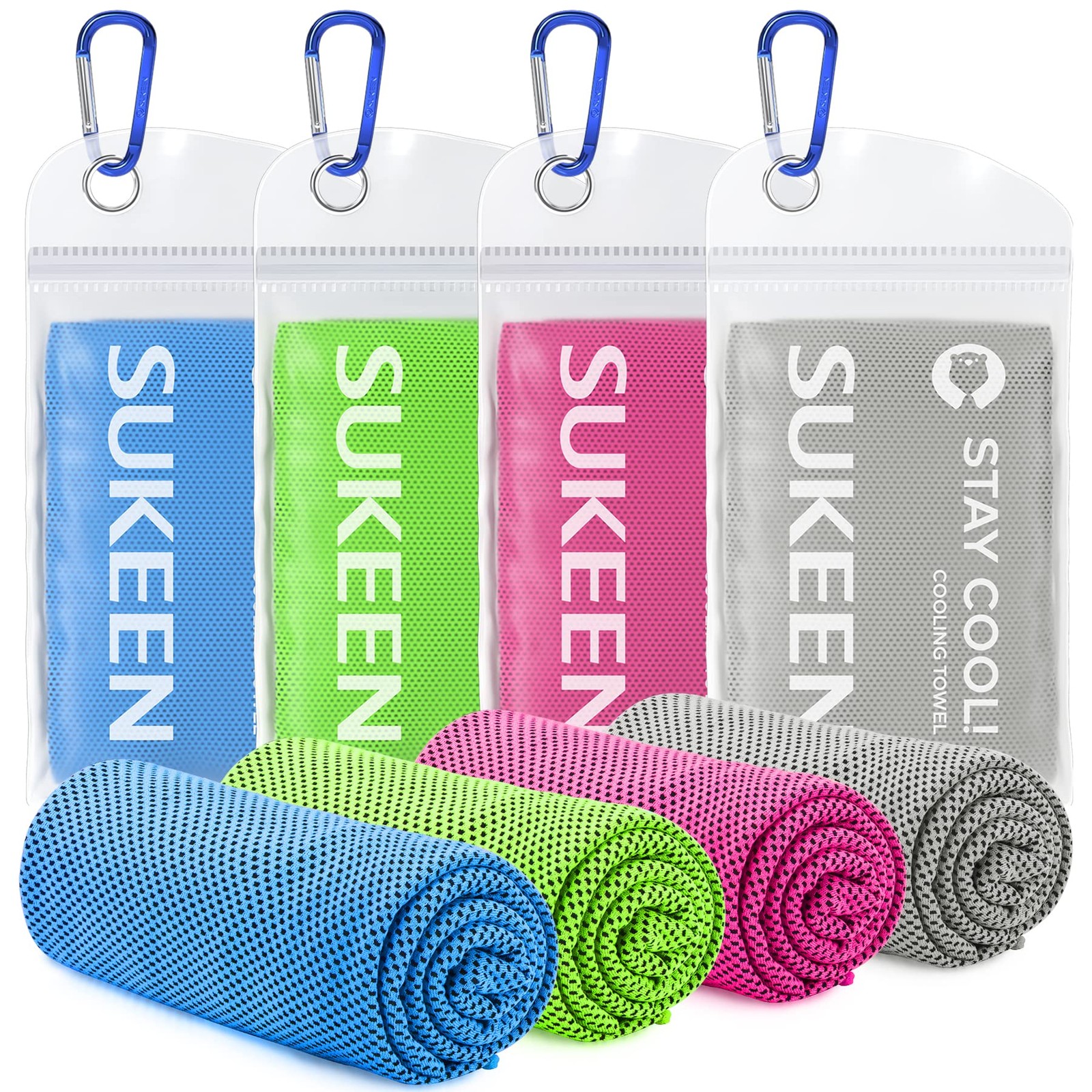 Sukeen 4 Pack Cooling Towels (40″x12″), 40″ x 12″, Blue/Grey/Green/Pink