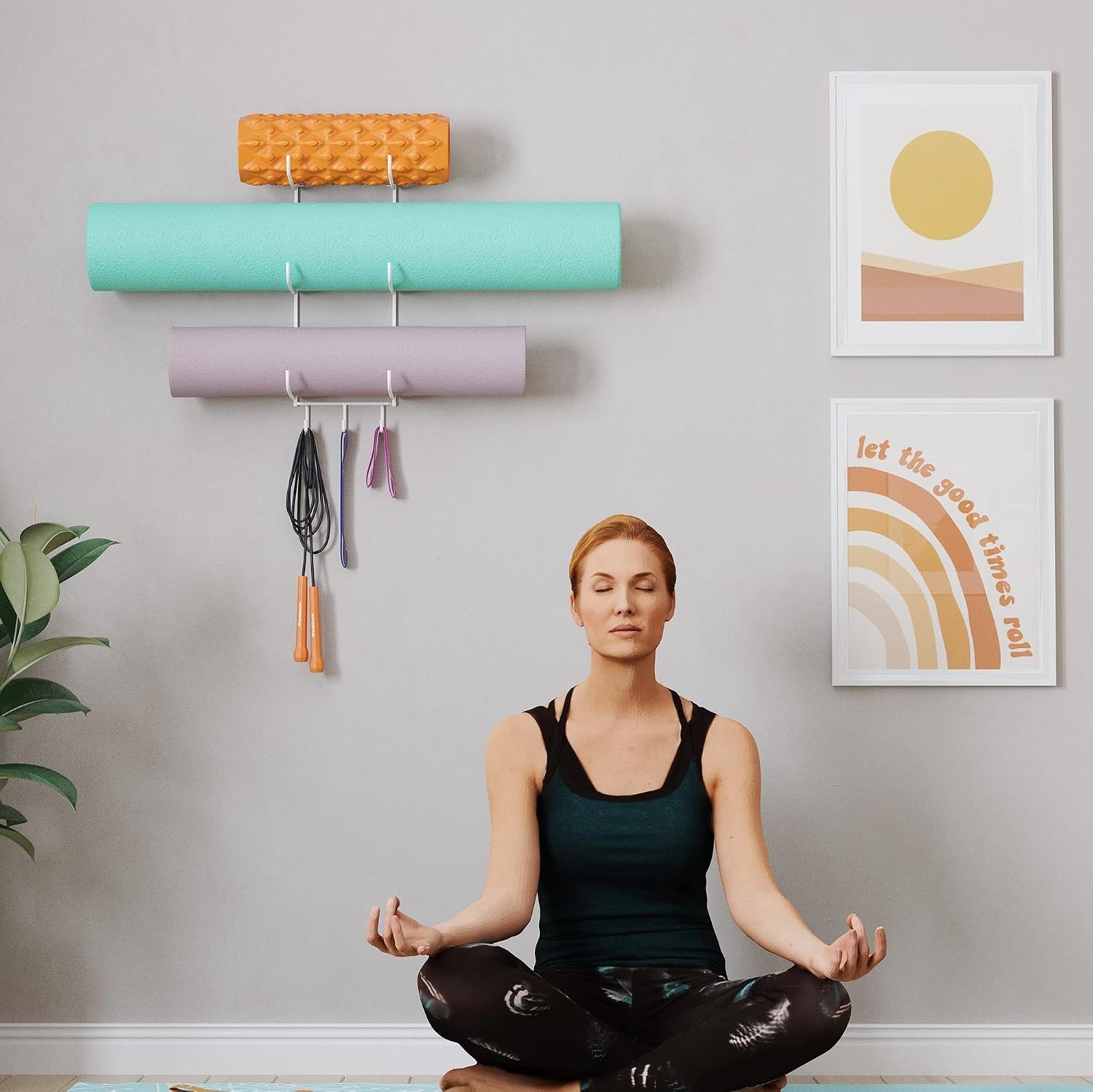 Space-Saving Metal Yoga Mat Holder with Hooks for Stylish Home Gym Organization