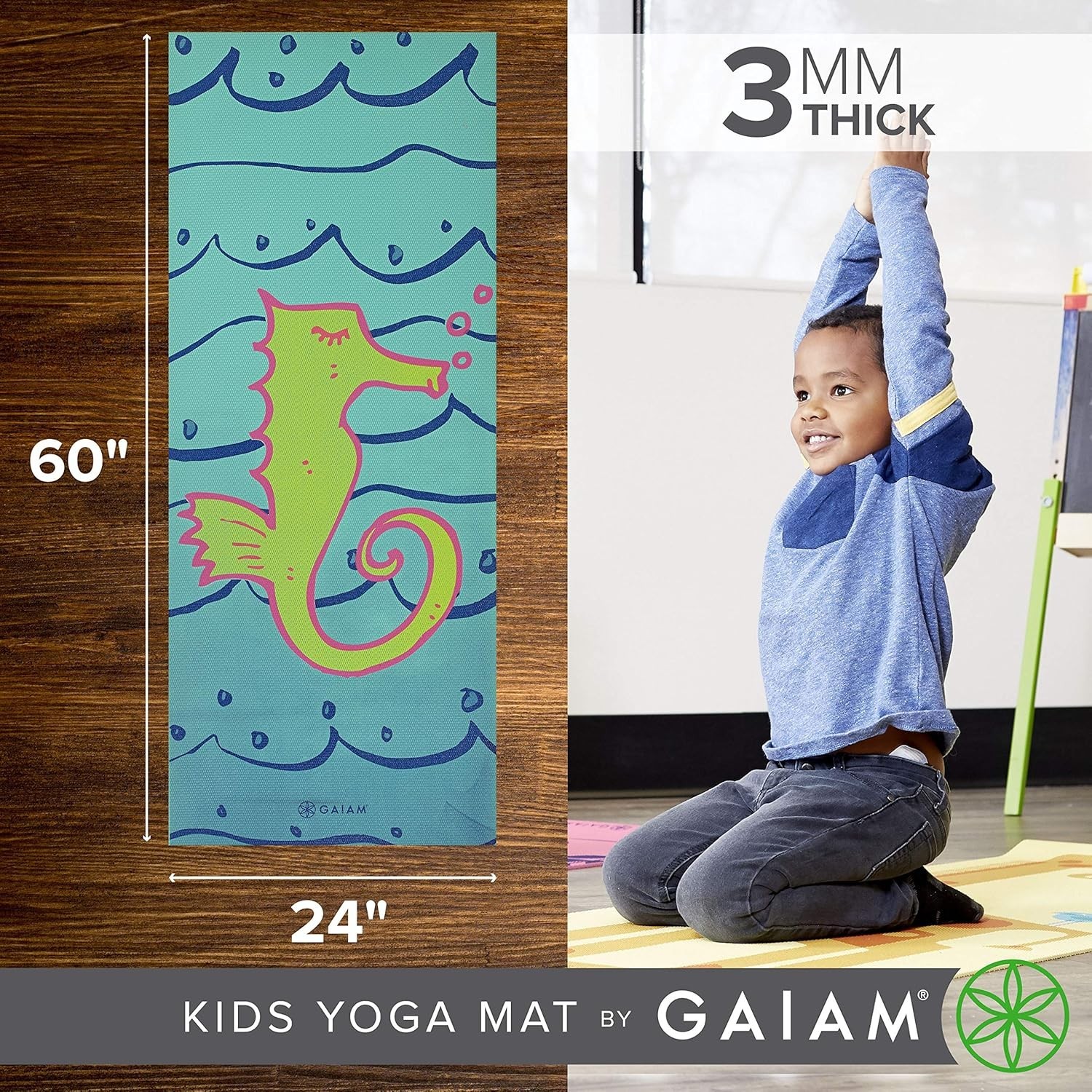 Gaiam Kids Yoga Mat 60×24 Non Slip Exercise Play Mat 3mm Thick for Toddlers