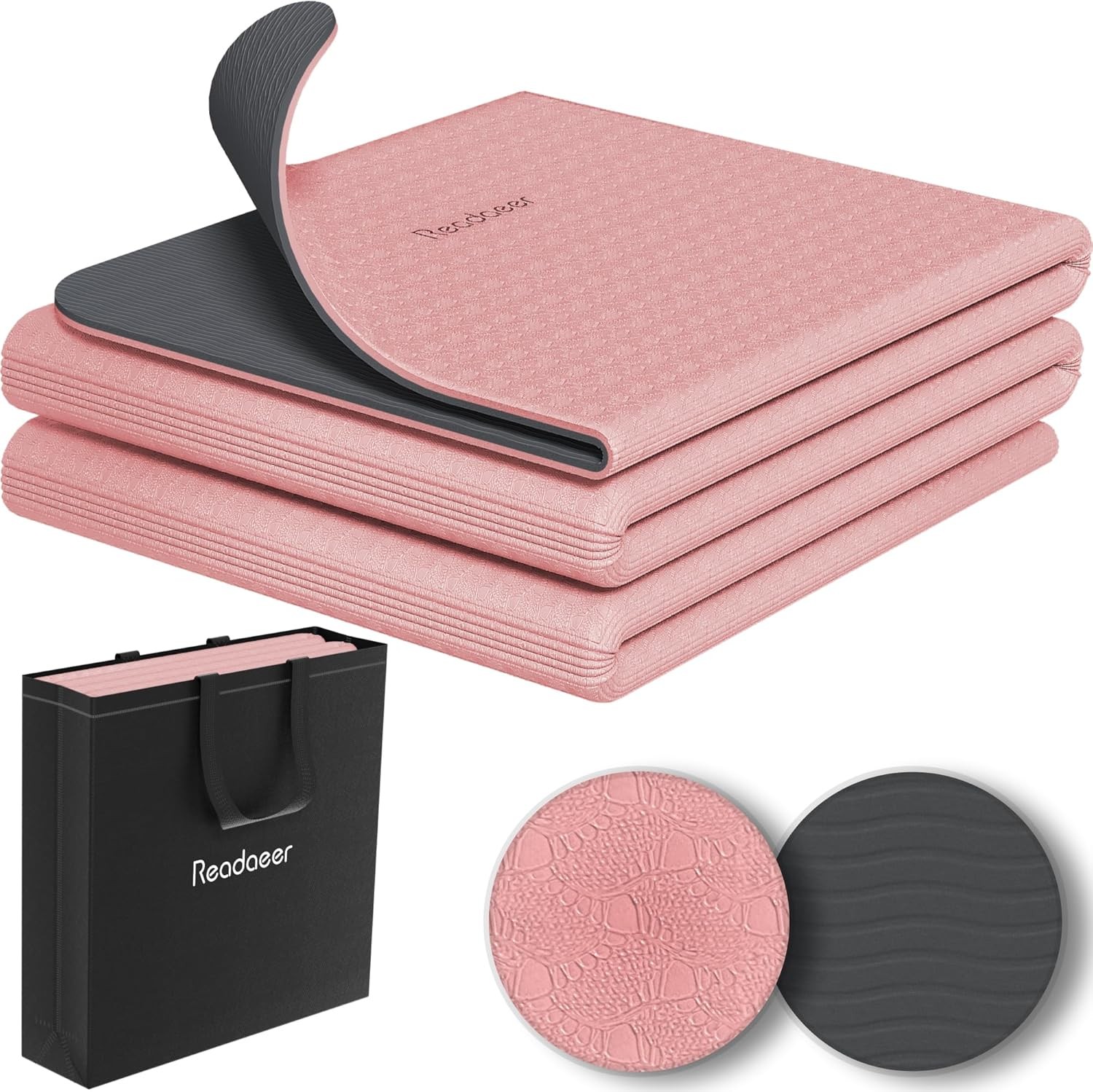 READAEER Foldable 6mm Yoga Mat, Non-Slip TPE, with Bag, 72×24 Inch