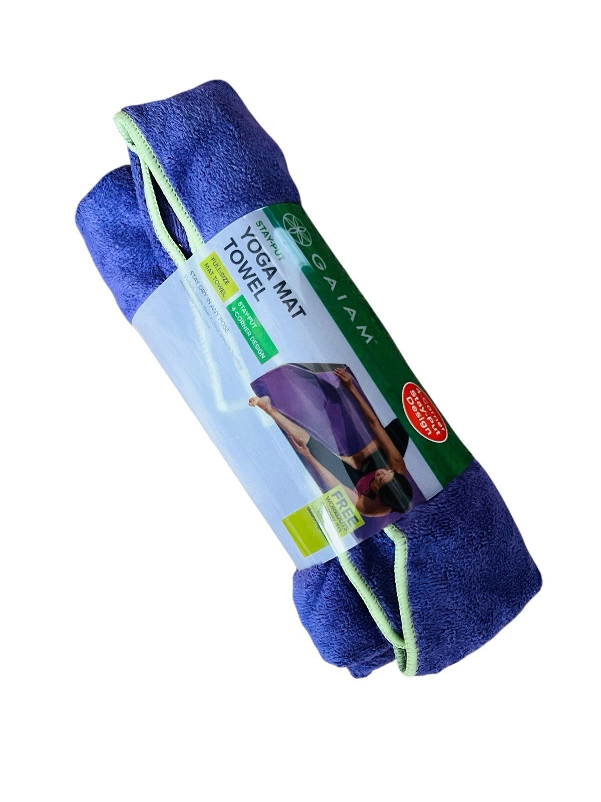 Gaiam 26 x 70 Stay-Put Yoga Mat Towel Purple Full-Size Corner Pockets New